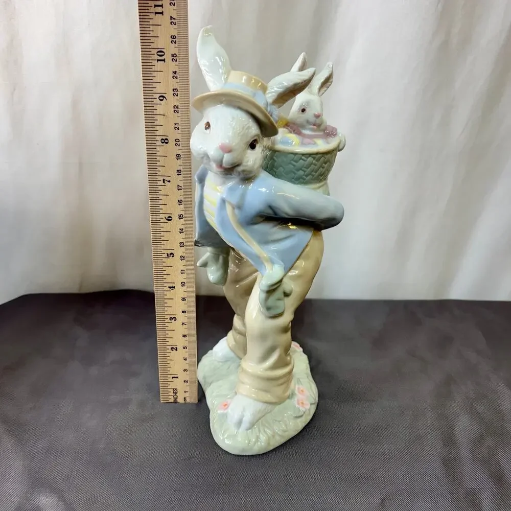 Easter Rabbit Baby Bunny Basket Ceramic Figurine Decor Glossy Pastel 10.75